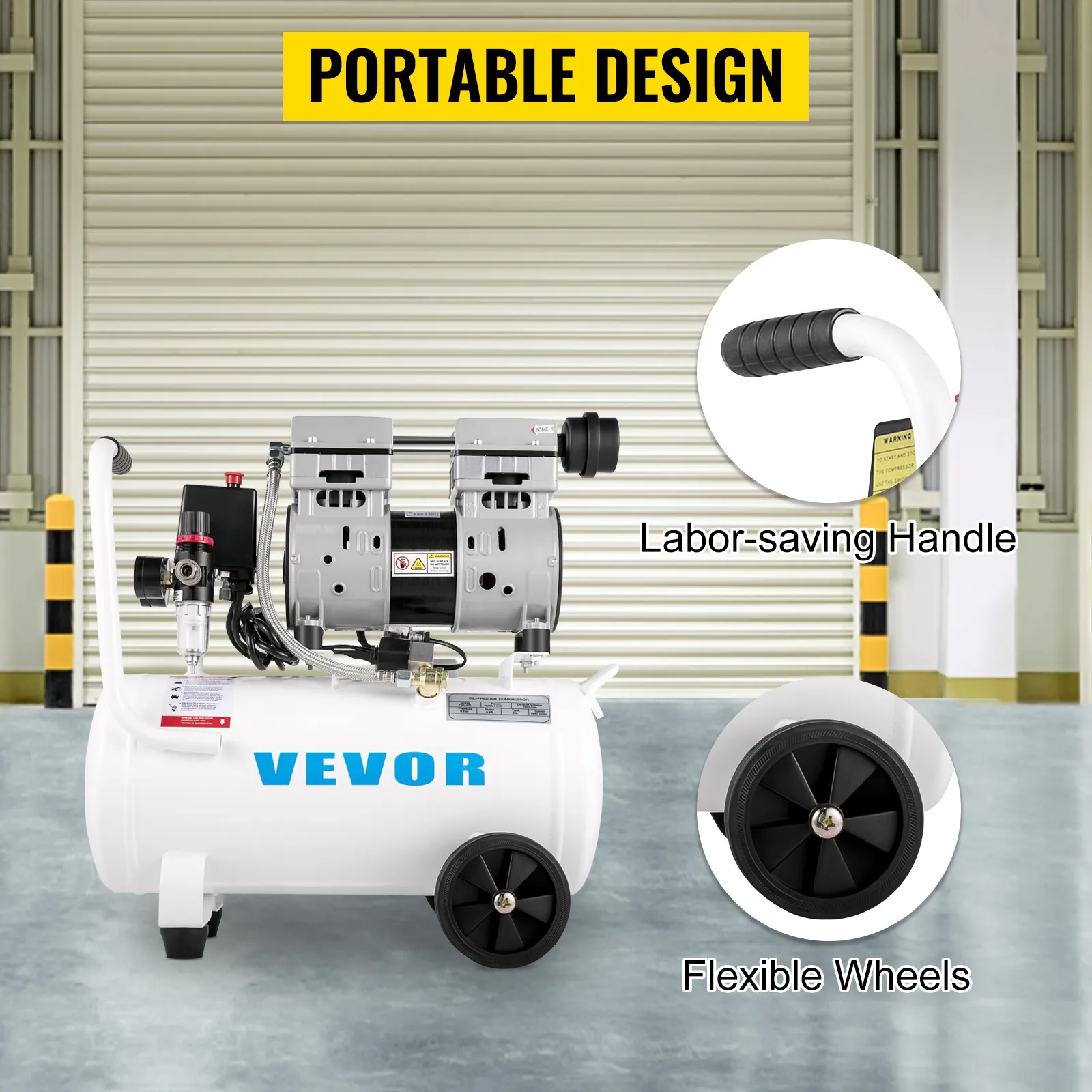 portable VEVOR air compressor with labor-saving handle and flexible wheels in garage.