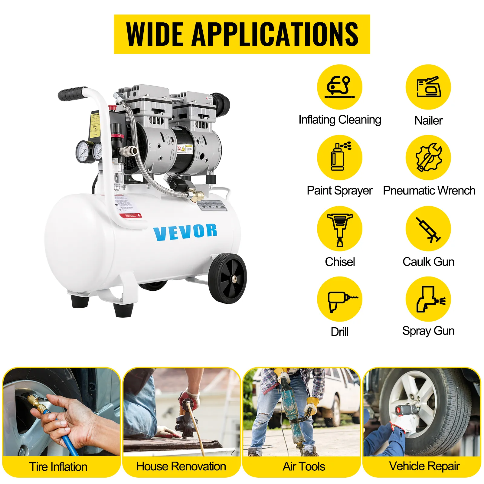 VEVOR air compressor with multiple applications, including inflating, nailer, and paint sprayer.