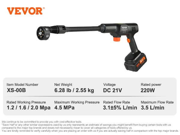Hidrolavadora inalámbrica VEVOR con batería de 21 V, potencia de 220 W, presión máxima de 4,5 MPa, caudal de 3,5 l/min.