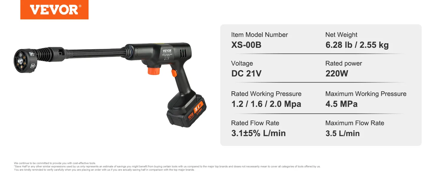 Hidrolavadora inalámbrica VEVOR con batería de 21 V, potencia de 220 W, presión máxima de 4,5 MPa, caudal de 3,5 l/min.