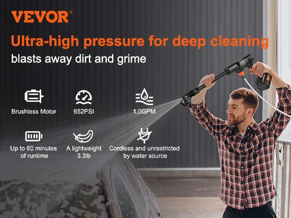 Hidrolavadora inalámbrica VEVOR que ofrece 652 psi y 1.0 gpm con un diseño liviano de 3.1 lb para una limpieza profunda.