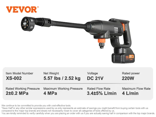 Hidrolavadora inalámbrica VEVOR xs-002, 21 V, 220 W, presión máxima de 4 MPa, 5,57 lb, batería de iones de litio.