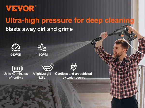 Hidrolavadora inalámbrica VEVOR con 580 psi, 1,1 gpm y diseño liviano de 4,2 lb para una limpieza profunda.