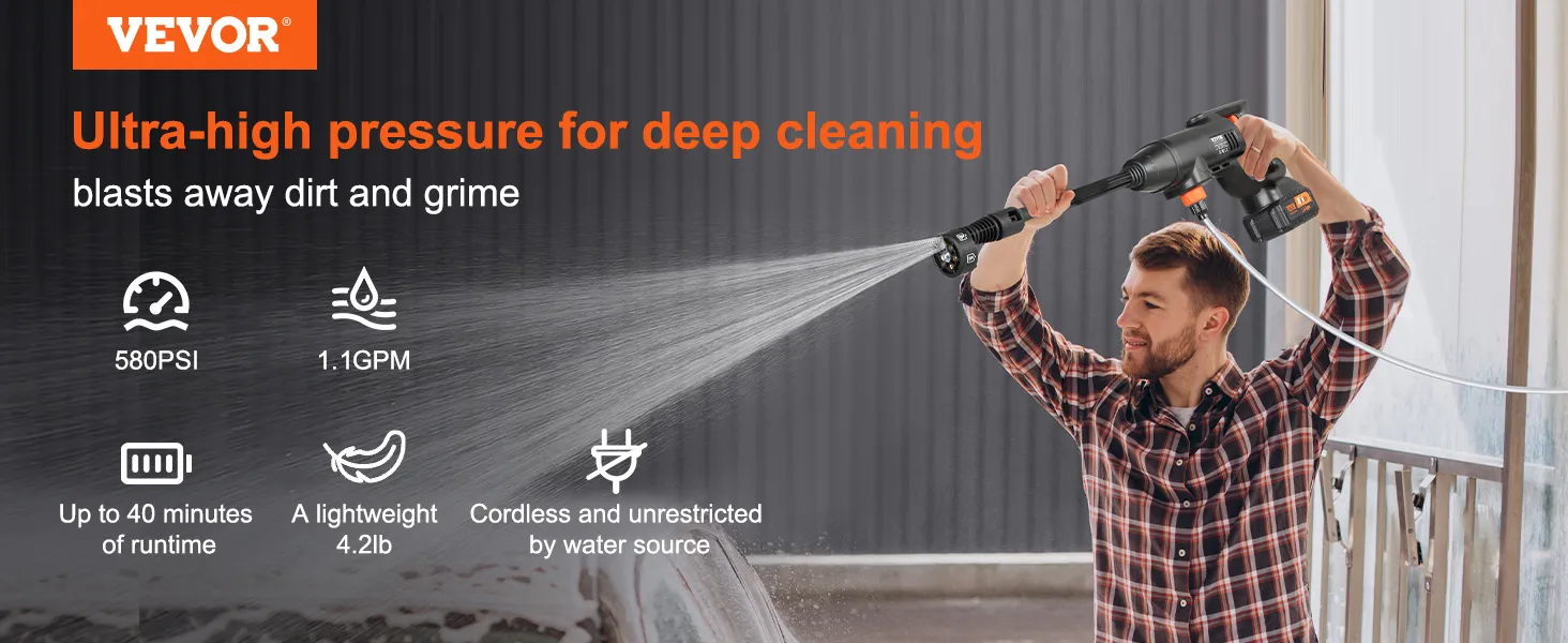 Hidrolavadora inalámbrica VEVOR con 580 psi, 1,1 gpm y diseño liviano de 4,2 lb para una limpieza profunda.
