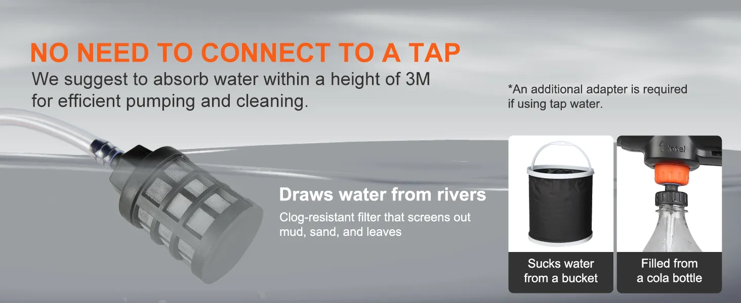 No es necesario conectarla; la hidrolavadora inalámbrica VEVOR extrae agua de ríos, baldes o botellas.