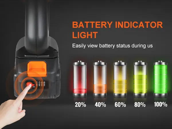 Luz indicadora de batería en la hidrolavadora inalámbrica VEVOR que muestra niveles del 20% al 100% con botón.