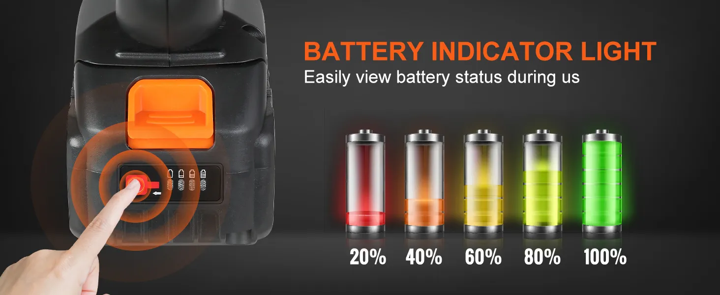 Luz indicadora de batería en la hidrolavadora inalámbrica VEVOR que muestra niveles del 20% al 100% con botón.