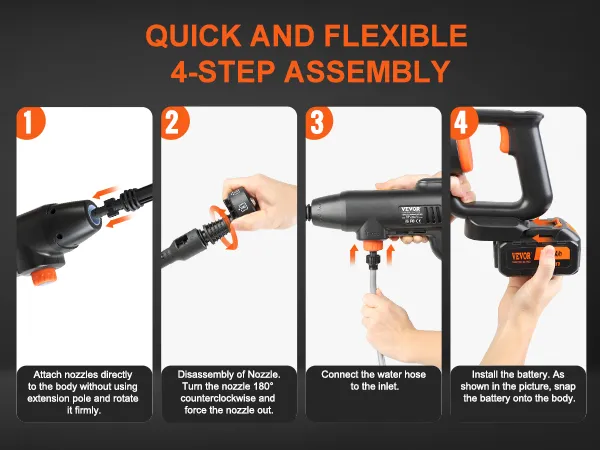 Guía de montaje rápido de 4 pasos para hidrolavadora inalámbrica VEVOR. Coloque la boquilla, desmonte, conecte la manguera, instale la batería.