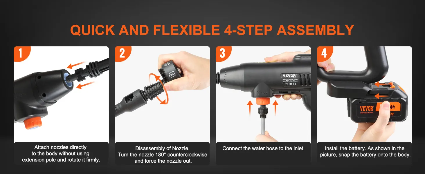 Guía de montaje rápido de 4 pasos para hidrolavadora inalámbrica VEVOR. Coloque la boquilla, desmonte, conecte la manguera, instale la batería.