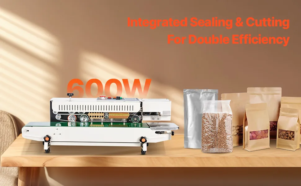 Macchina sigillatrice per sacchetti VEVOR in un negozio con confezioni di alimenti sigillate, che mostra elevata efficienza e temperatura regolabile.