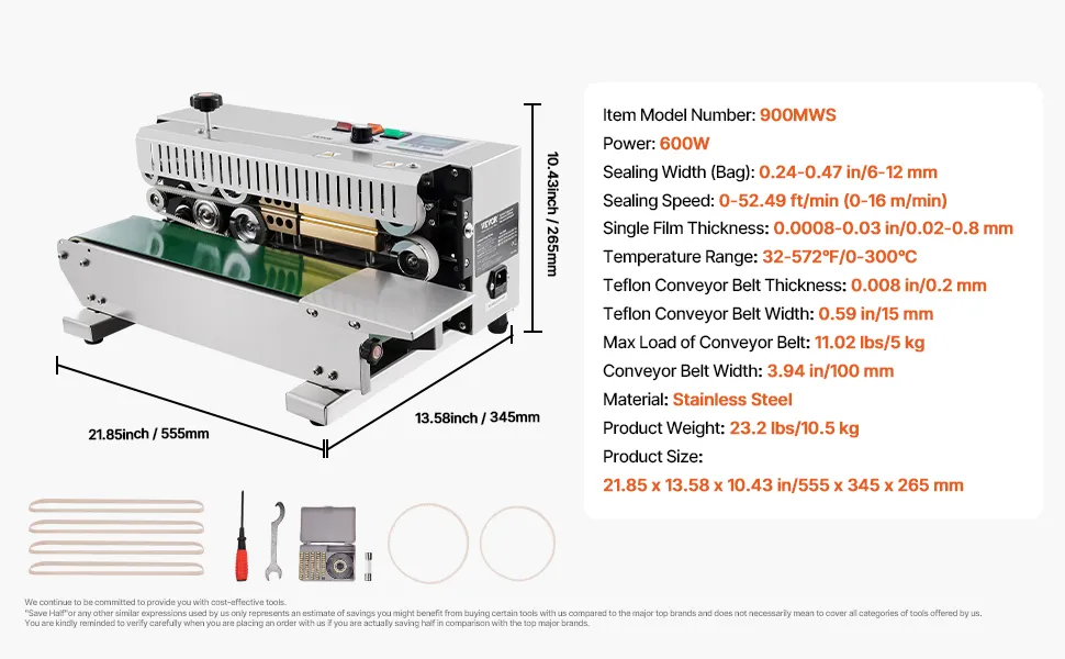 Sigillatrice a nastro VEVOR con dimensioni, specifiche e accessori visualizzati. Potenza: 600 W, temperatura: 32-572 °F.