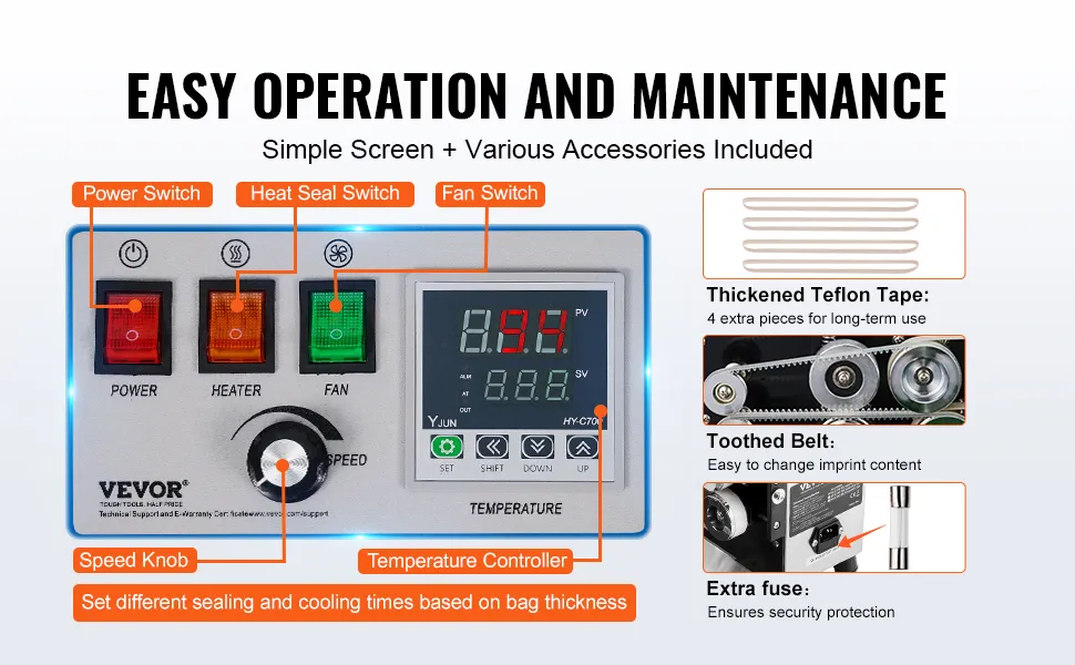 pannello di controllo della sigillatrice a nastro VEVOR con interruttori, manopola della velocità, regolatore della temperatura e accessori.