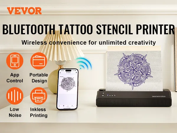 Stampante per stencil per tatuaggi VEVOR, controllo tramite app Bluetooth, design portatile, bassa rumorosità, stampa senza inchiostro.