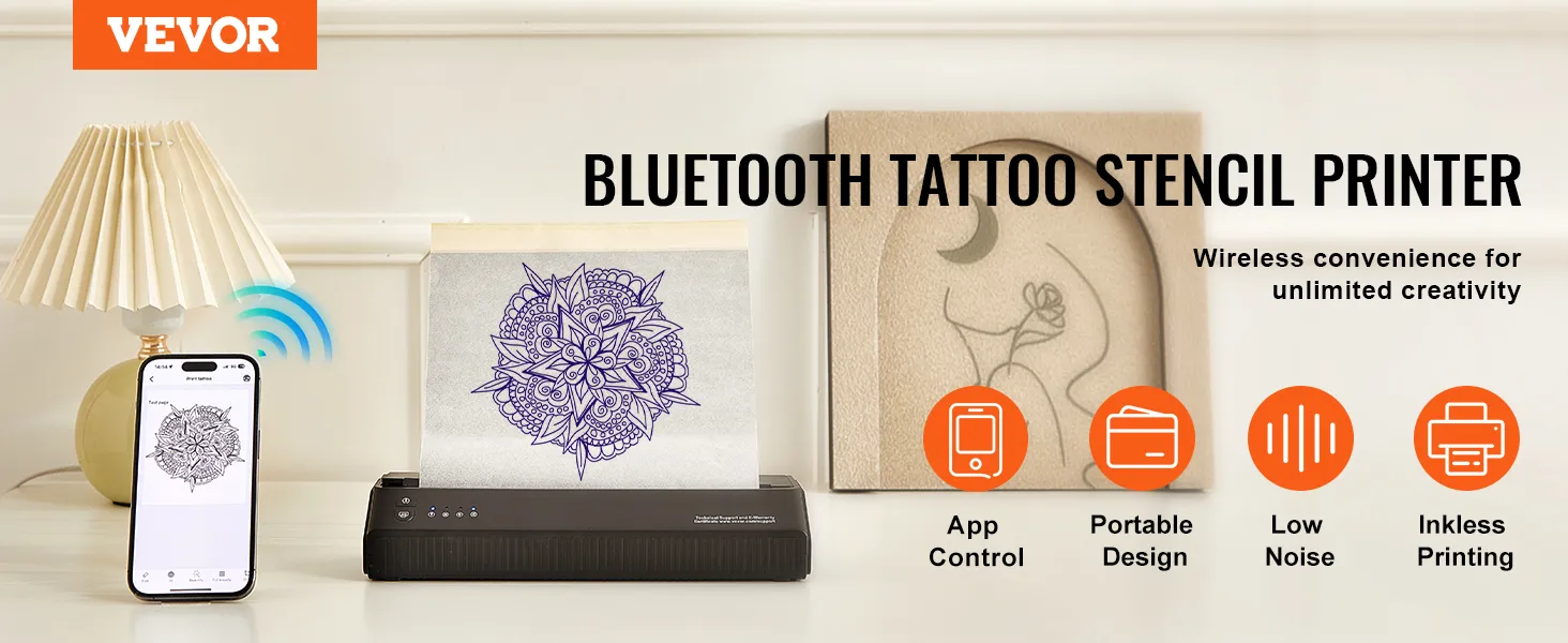 Stampante per stencil per tatuaggi VEVOR, controllo tramite app Bluetooth, design portatile, bassa rumorosità, stampa senza inchiostro.