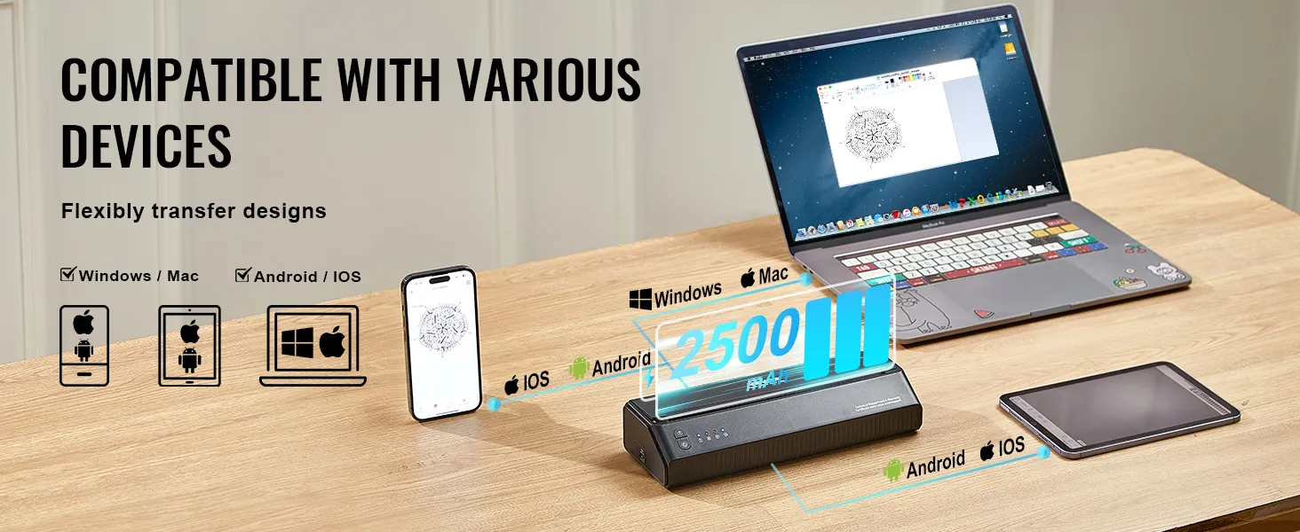 Stampante per stencil per tatuaggi VEVOR che trasferisce i disegni da dispositivi Windows, Mac, Android e iOS su una scrivania.
