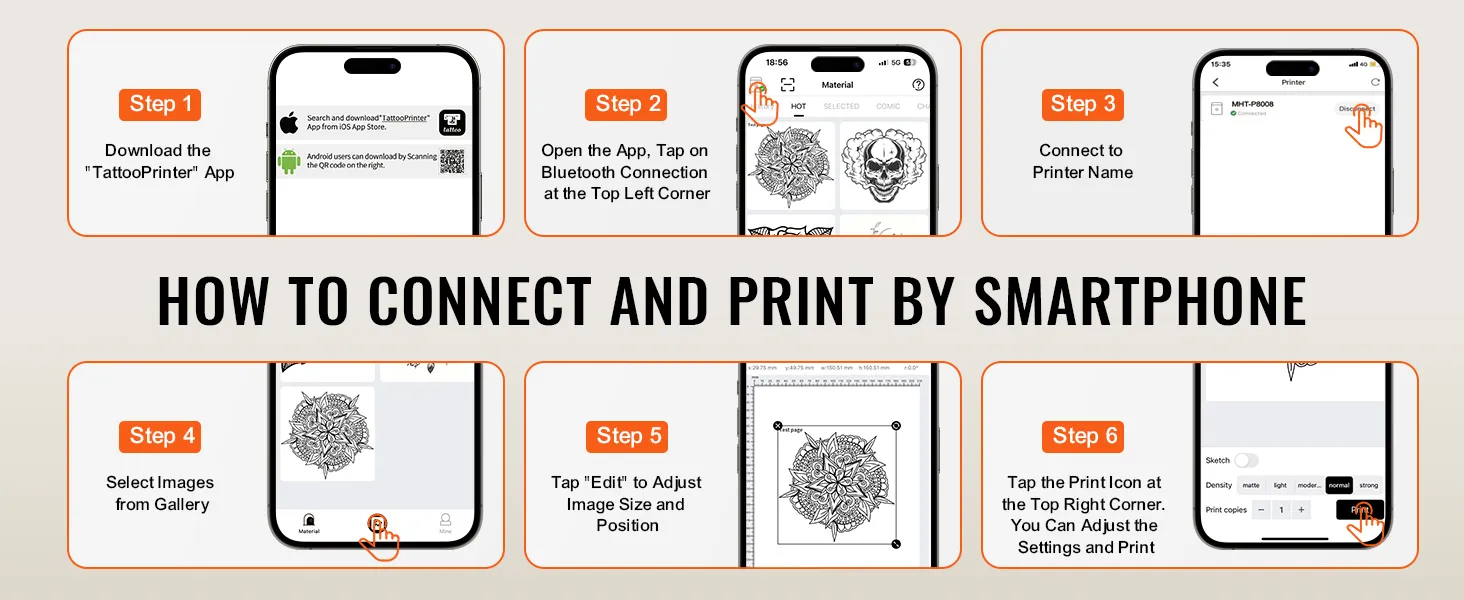 passaggi per connettersi e stampare utilizzando la stampante per stencil per tatuaggi VEVOR con uno smartphone.