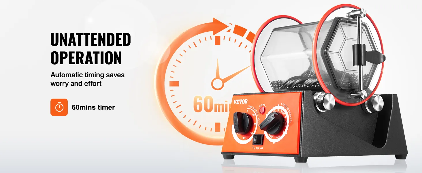 VEVOR Schmuckpolier-Trommel mit 60-Minuten-Timer und Automatikbetrieb für müheloses Polieren.