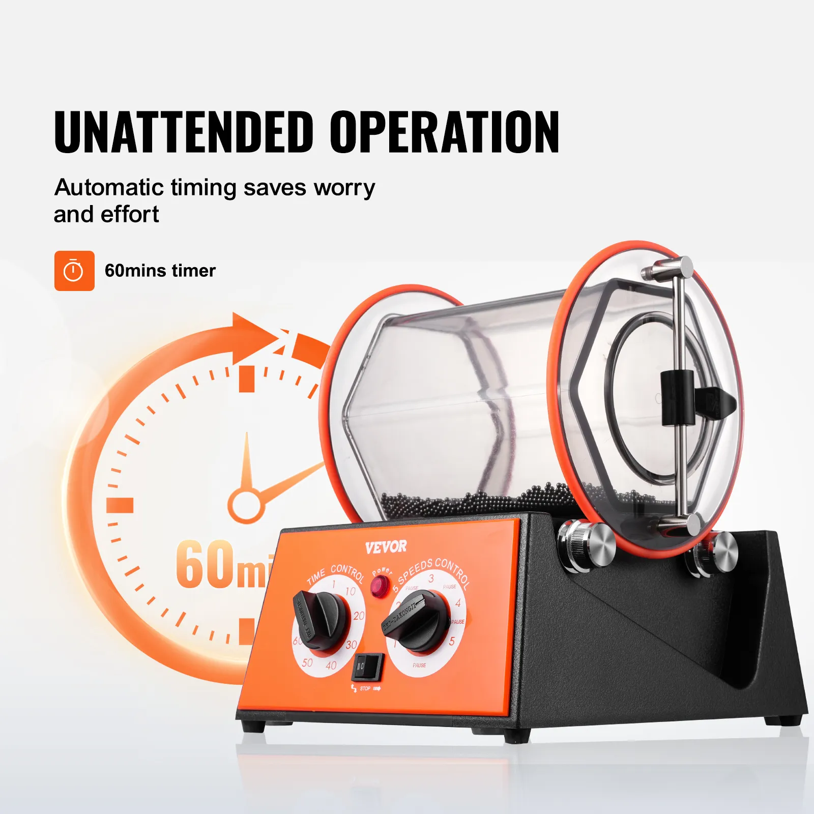 VEVOR jewelry polisher with automatic 60-minute timer for unattended operation and efficient jewelry polishing.