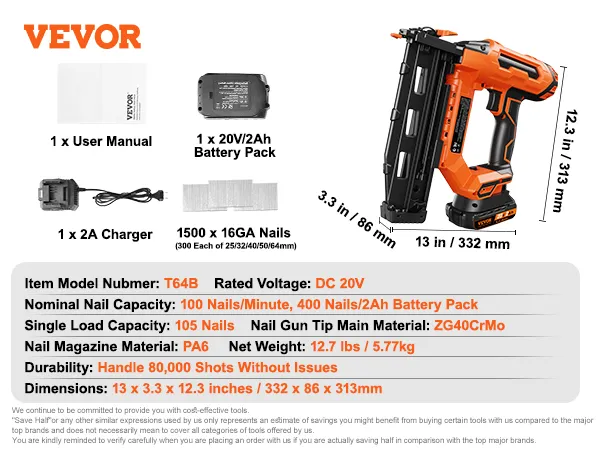 VEVOR accu-afwerkspijkermachine, t64b, 20 volt dc, 100 nagels/min, capaciteit van 105 nagels, 5,7 kg, 33 x 8,4 x 31 cm.