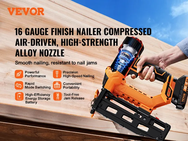 VEVOR snoerloze afwerkspijkermachine met krachtige prestaties, snelle modusomschakeling en gereedschapsloos opheffen van vastgelopen materiaal.
