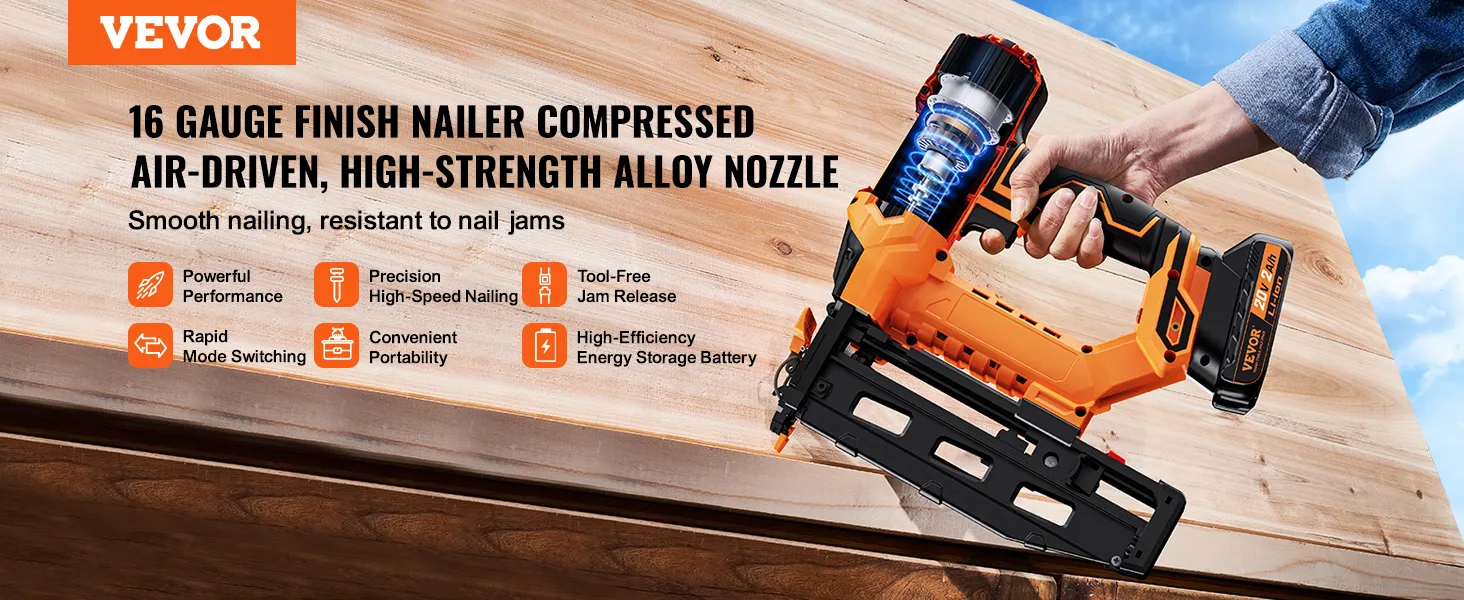 VEVOR snoerloze afwerkspijkermachine met krachtige prestaties, snelle modusomschakeling en gereedschapsloos opheffen van vastgelopen materiaal.