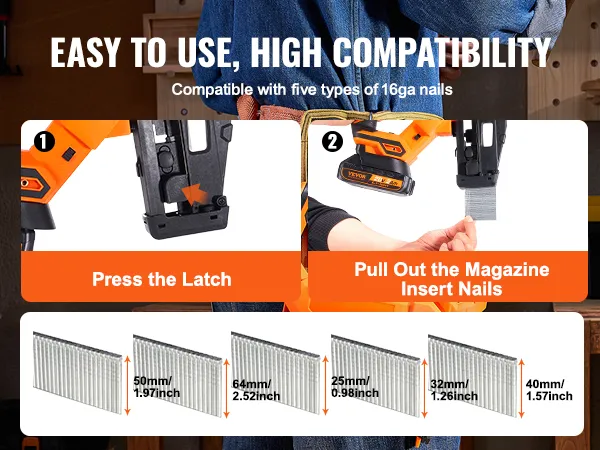 VEVOR accu-afwerkspijkermachine, compatibel met 5 soorten 16ga-spijkers, eenvoudig te gebruiken, hoge compatibiliteit.