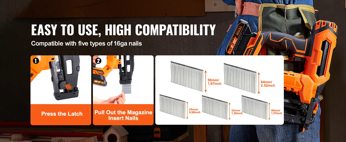 VEVOR accu-afwerkspijkermachine, compatibel met 5 soorten 16ga-spijkers, eenvoudig te gebruiken, hoge compatibiliteit.