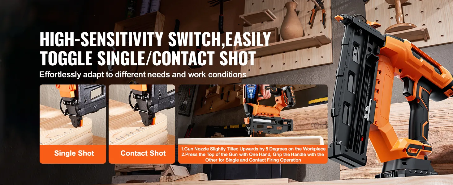 VEVOR snoerloze afwerkspijkermachine in actie, met enkele- en contactschot-schakelaar in een houtbewerkingsstudio.
