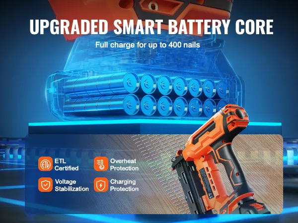 VEVOR snoerloze afwerkspijkermachine met slimme accukern, etl-gecertificeerd, volledig opgeladen voor 400 nagels.