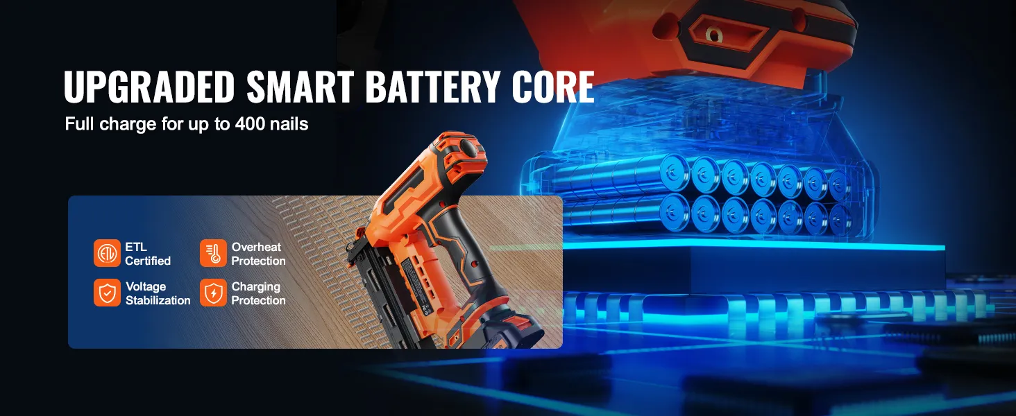 VEVOR snoerloze afwerkspijkermachine met slimme accukern, etl-gecertificeerd, volledig opgeladen voor 400 nagels.