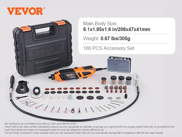 VEVOR rotary tool kit with accessories including drill bits, milling cutters, sanding rings, and polishing tools.