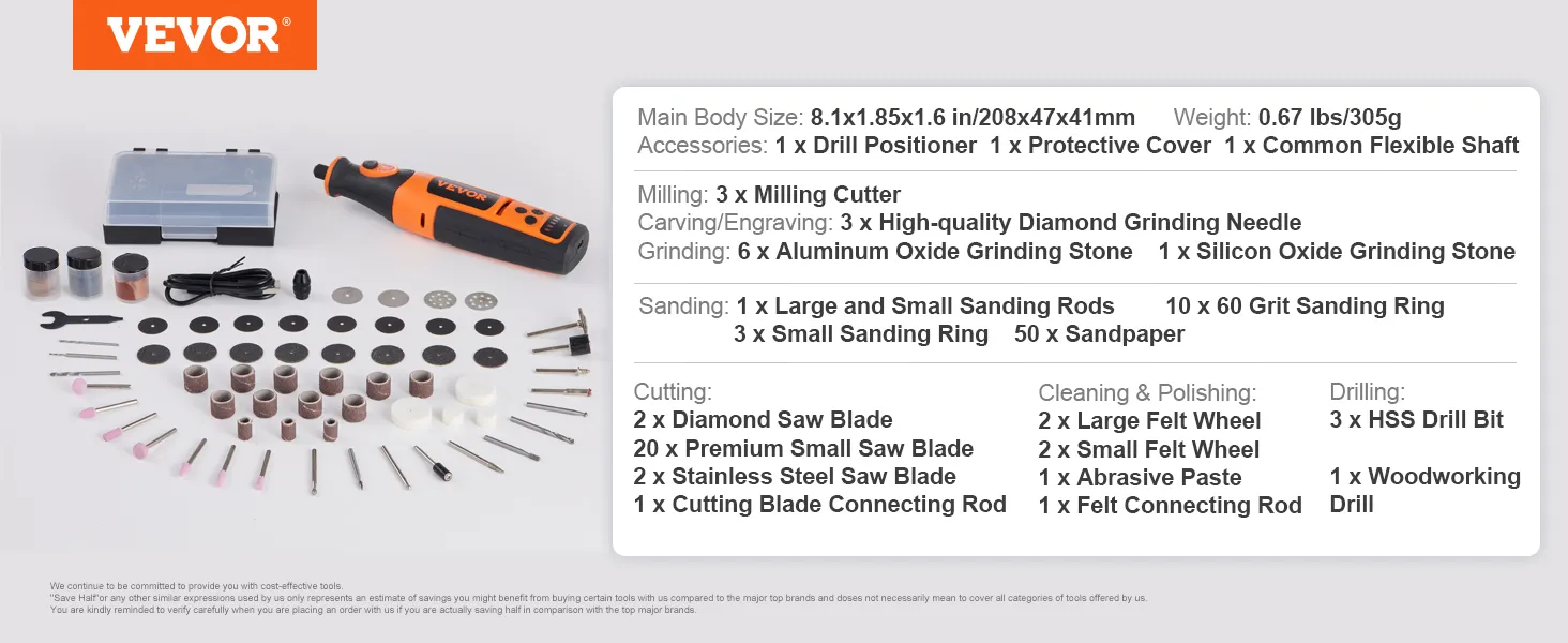 VEVOR rotary tool kit with accessories including drill bits, milling cutters, sanding rings, and polishing tools.