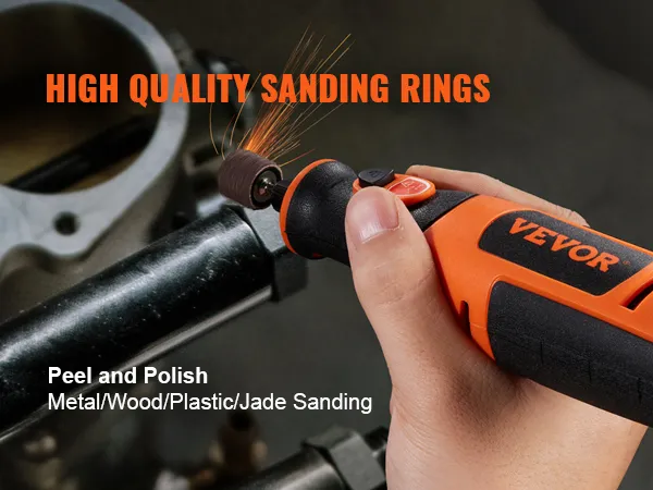 hand holding VEVOR rotary tool kit sanding metal, sparks flying, "high quality sanding rings" text.