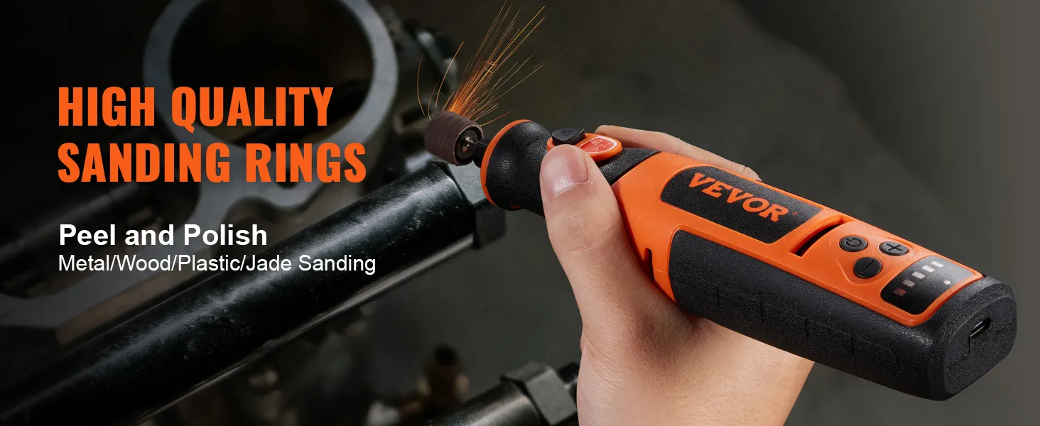 hand holding VEVOR rotary tool kit sanding metal, sparks flying, "high quality sanding rings" text.