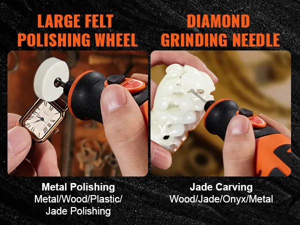 VEVOR rotary tool kit showcasing metal polishing and jade carving with felt wheel and diamond needle.