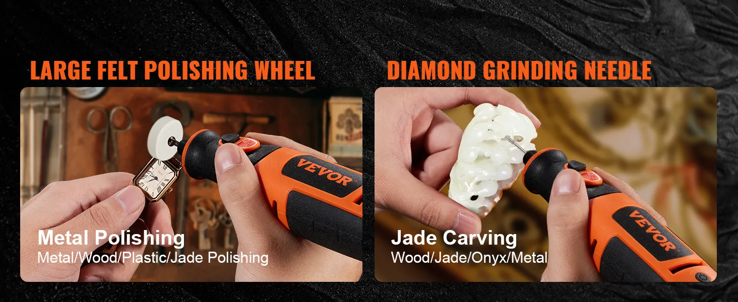 VEVOR rotary tool kit showcasing metal polishing and jade carving with felt wheel and diamond needle.