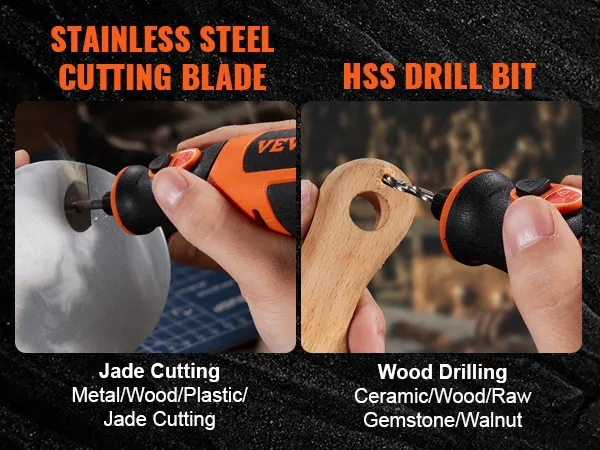 VEVOR rotary tool kit for jade cutting and wood drilling with stainless steel blade and hss drill bit.