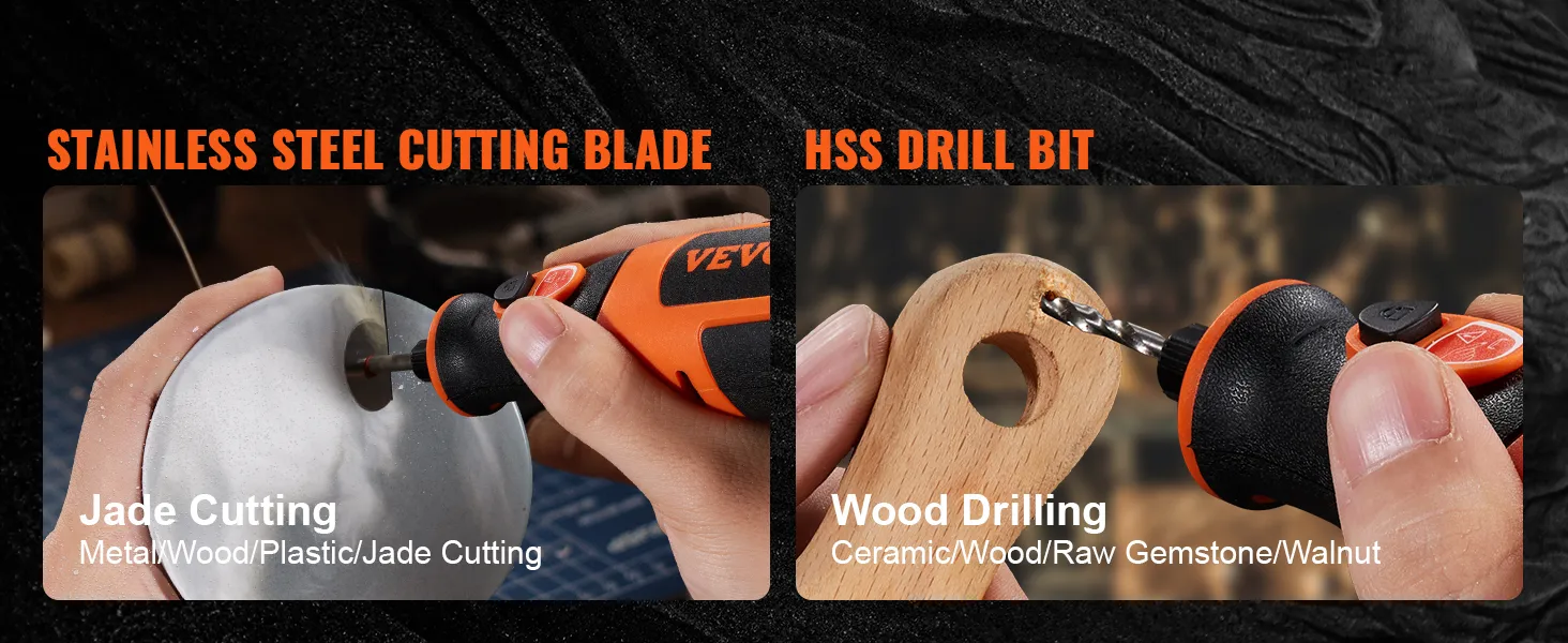VEVOR rotary tool kit for jade cutting and wood drilling with stainless steel blade and hss drill bit.