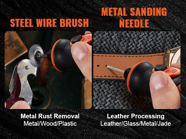 steel wire brush for rust removal on metal, wood, plastic; metal sanding needle for leather, glass processing.