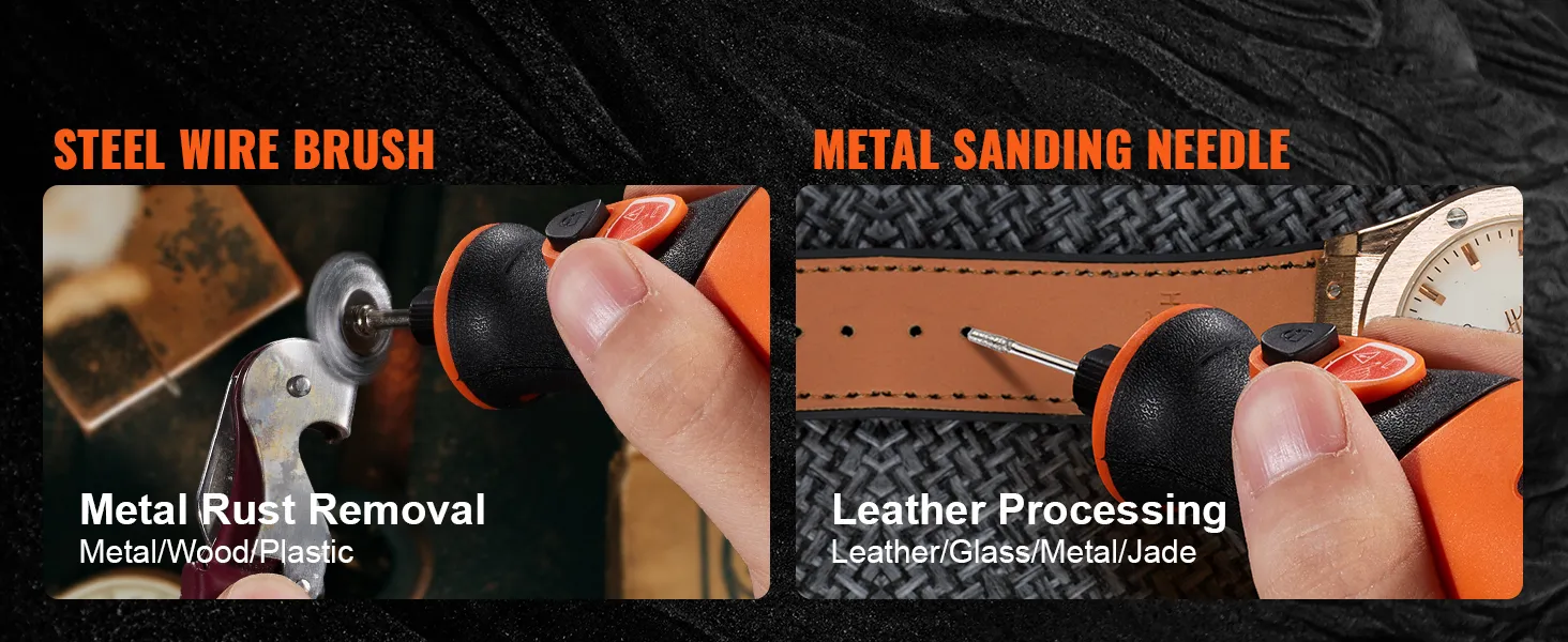 steel wire brush for rust removal on metal, wood, plastic; metal sanding needle for leather, glass processing.