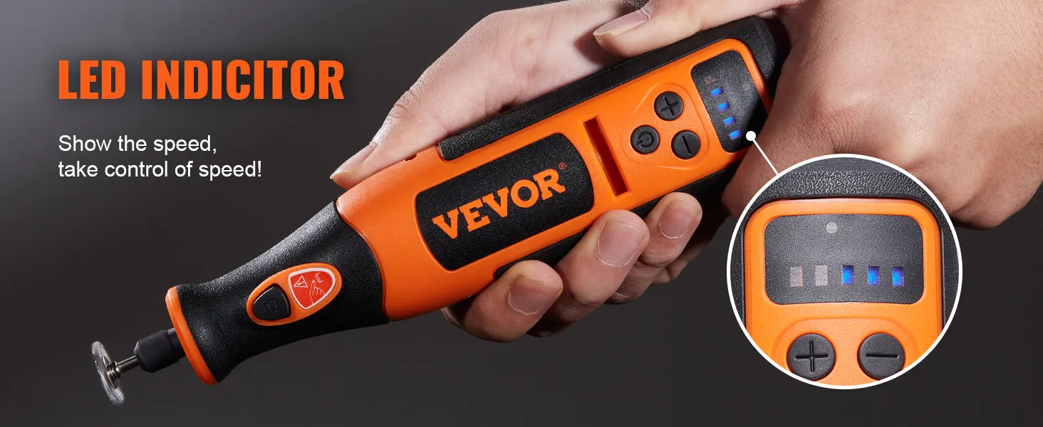 hand holding the VEVOR rotary tool kit with led speed indicator display.