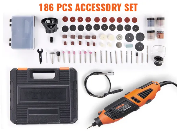 118 pcs accessory set for VEVOR rotary tool kit with drill bits, sanding discs, and polishing pads.