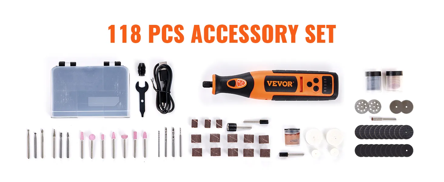 118 pcs accessory set for VEVOR rotary tool kit with drill bits, sanding discs, and polishing pads.