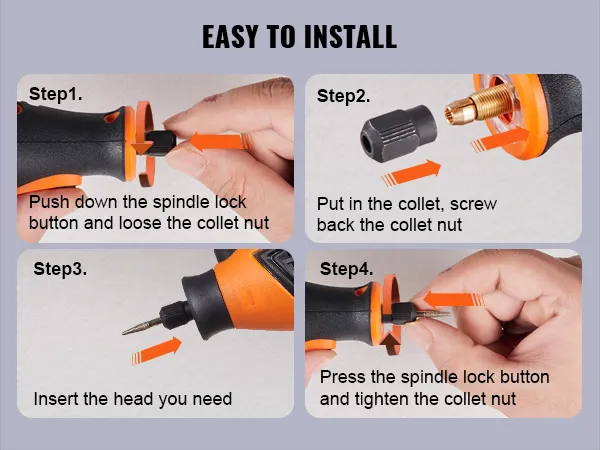 easy installation steps for VEVOR rotary tool kit: push button, insert collet, attach head, tighten nut.