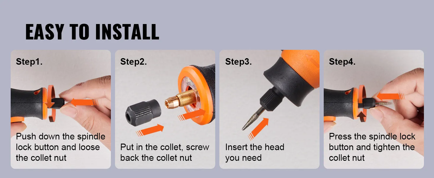 easy installation steps for VEVOR rotary tool kit: push button, insert collet, attach head, tighten nut.