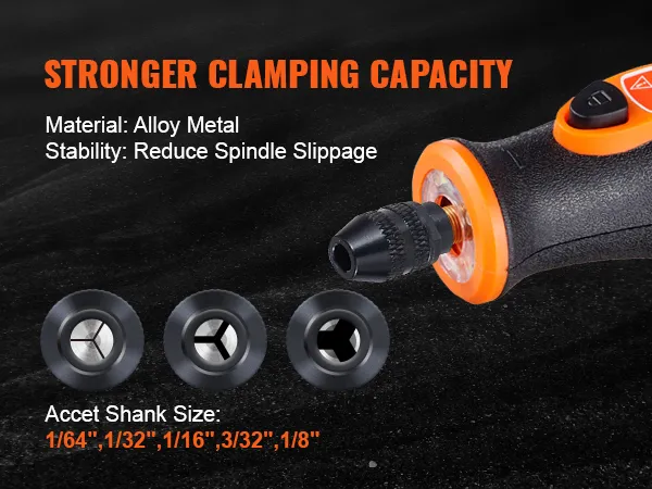 stronger clamping capacity of VEVOR rotary tool kit, alloy metal, reduce spindle slippage, multiple shank sizes.