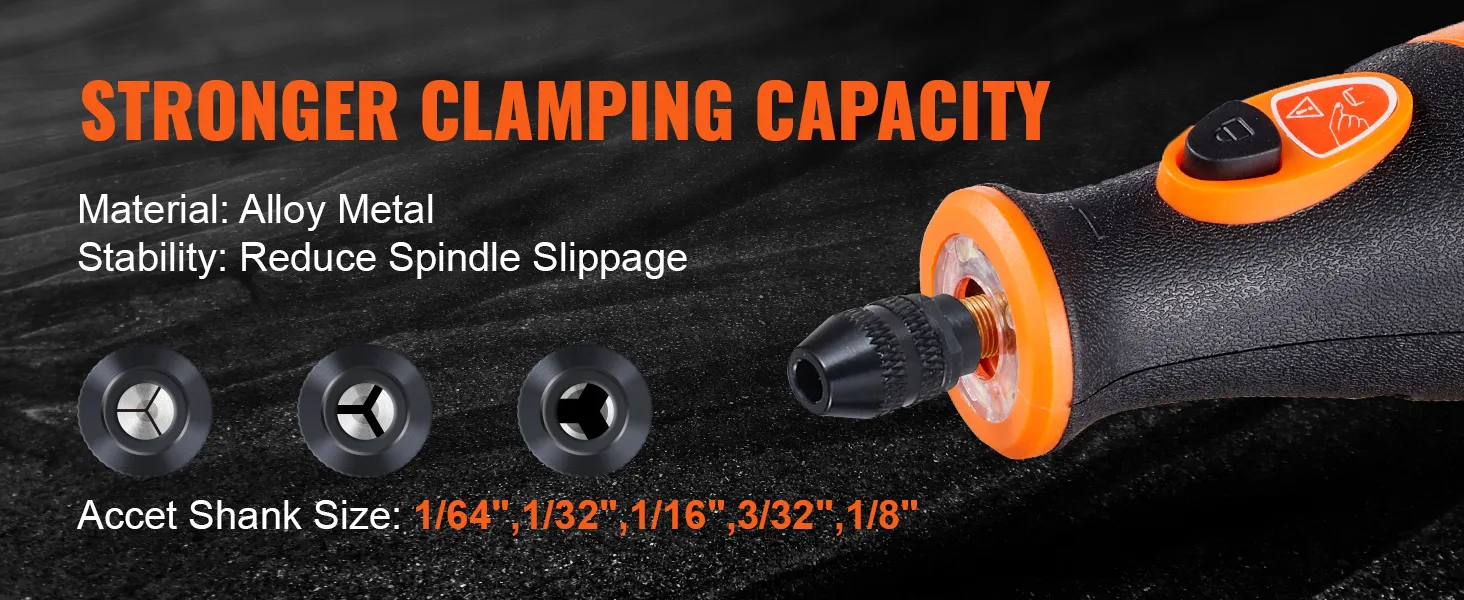 stronger clamping capacity of VEVOR rotary tool kit, alloy metal, reduce spindle slippage, multiple shank sizes.