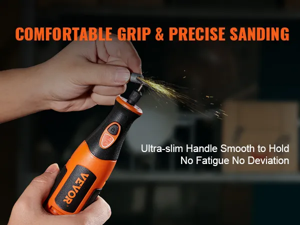 hands holding the VEVOR rotary tool kit with comfortable grip, emitting sparks for precise sanding.