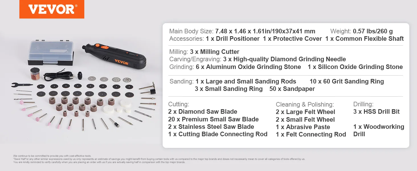 VEVOR rotary tool kit with drill, cutters, sanding rings, grinding stones, saw blades, and polishing tools.