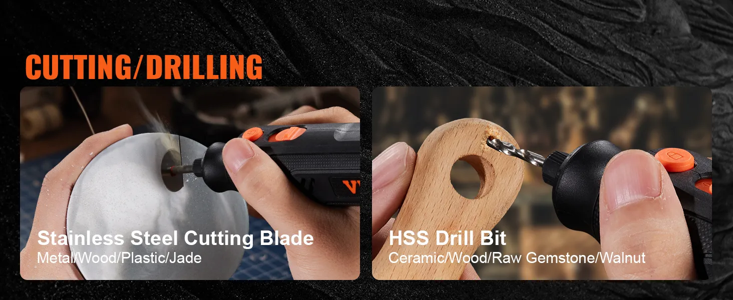 VEVOR rotary tool kit cutting/drilling: stainless steel cutting blade and hss drill bit for versatile use.